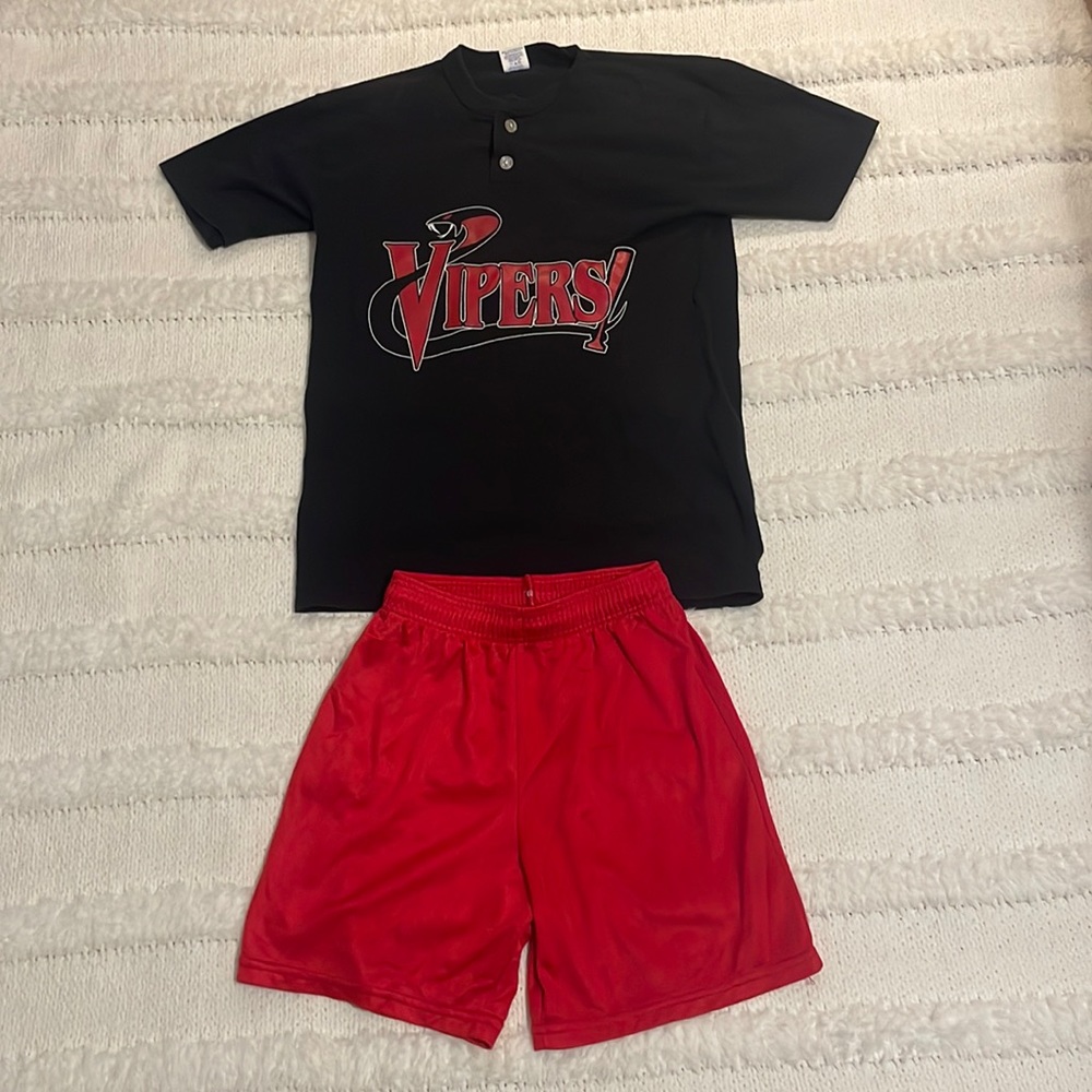 Russell blend baseball Vipers top black & athletic shorts red boys size L 14 16